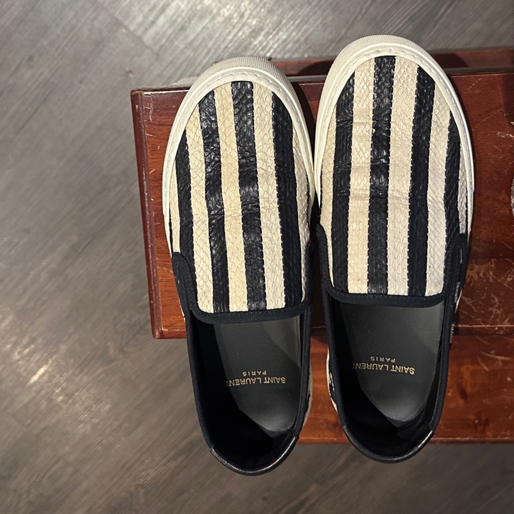Saint Laurent Black & Cream Striped Slip-On Sneakers
